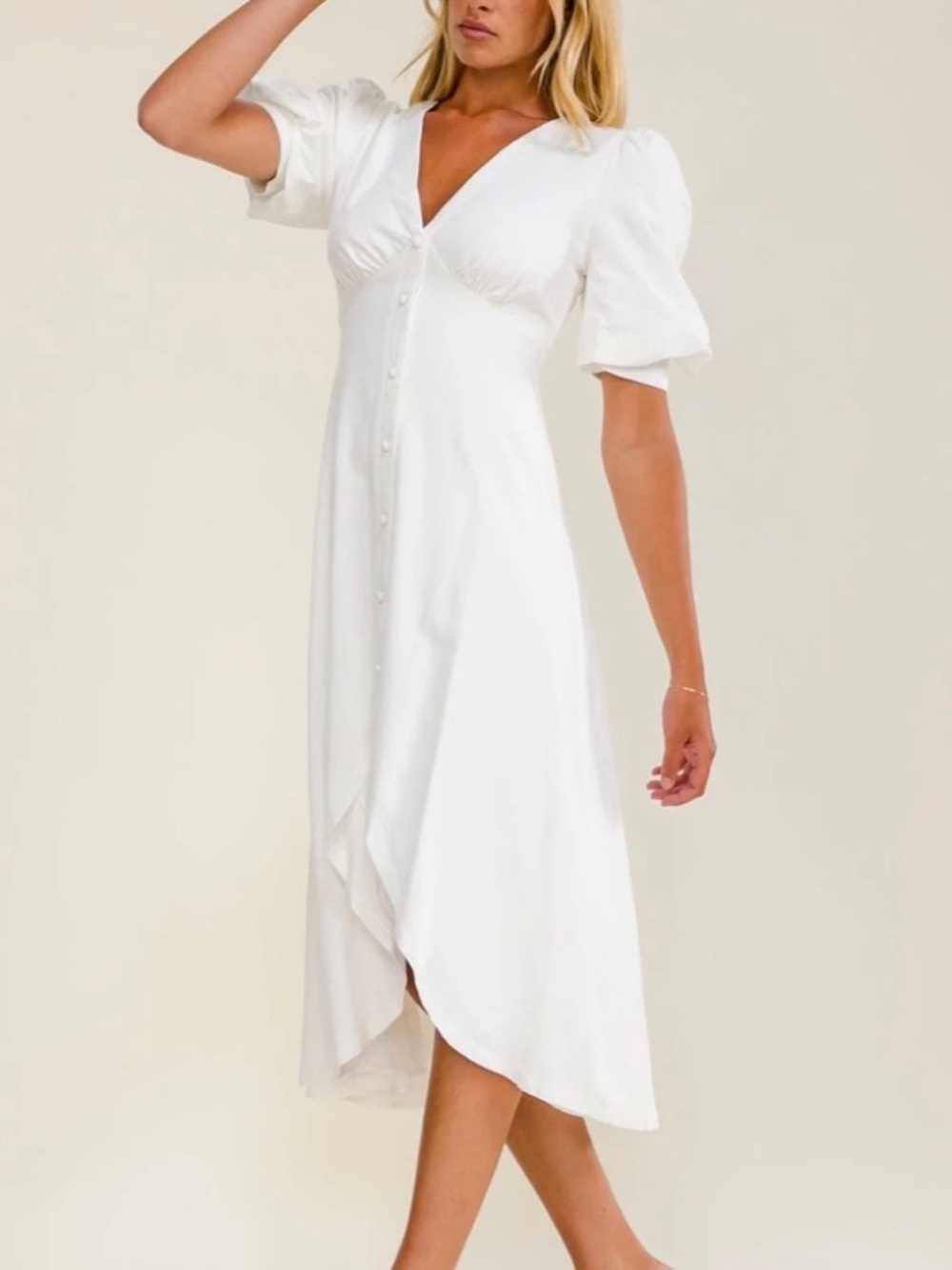 IVORY HIGH LOW PUFF SLEEVE LINEN MIDI DRESS - NWOT - Picture 4 of 15